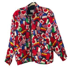 Lavon Vintage World Flag Print Silk Jacket | Multicolor | Size Medium